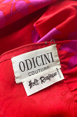 1980s Odicini Couture Coral & Pink Print Plunge Dress w Unusual Skirt