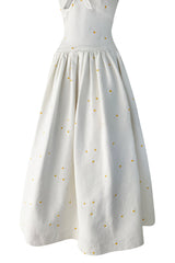 Prettiest 1960s Nina Ricci White Cotton Waffle Weave Pique Dress w Embroidered Daisies