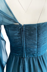 Early 1990s Oscar de la Renta Deep Teal Blue Silk Chiffon Custom Made Dress