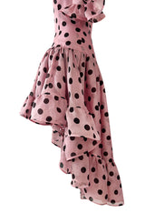 Rare Spring 1990 Yves Saint Laurent Mini Front Skirt Longer Back Pink & Black Dot Dress