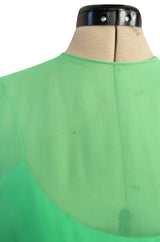 Spring 1981 Bill Blass Pastel Green Silk Chiffon Dress w Elaborate Vertically Set Ruffled Skirt