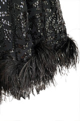 Fall 1974 Bill Blass Glossy Black Sequin & Silk Chiffon Dress w Feather Hem