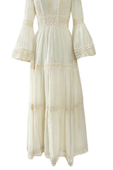 Romantic 1970s Victor Costa Mexican Wedding Dress Feel Ivory Cotton Gauze & Lace Dress