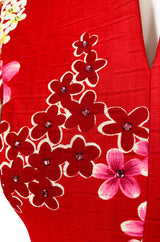 1970s Malcolm Starr Cherry Red Floral Print Dress w Rhinestone Detailing