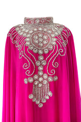 1980s Elaborate Crystal Covered Vibrant Pink Chiffon Caftan Dress