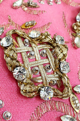 1960s Pat Sandler Pink Silk Chiffon Dress w Rhinestone & Gold Metal Cord Bodice Detailing