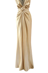 Iconic Fall 1980 John Anthony Couture Plunge Front Gold Silk Charmeuse Halter Dress w Bare Back