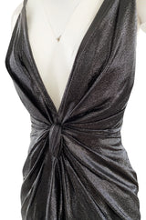 c.1984 John Anthony Black Metallic Lame Jersey Dress w Very Deep Front Plunge & No Back