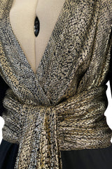 Spring 1986 Yves Saint Laurent Black Crepe & Jersey Dress w Gold Lame Front & Long Sash Belt