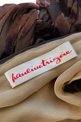 1970s Pauline Trigere Fused Velvet & Chocolate Silk Chiffon Dress w Attached Tie at Neck