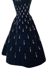 Incredible 1950s Ceil Chapman Jewelled Rhinestone Tear Drop Black Velvet Shelf Bust Dress