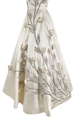 Gorgeous 1950s Emma Domb Ivory Matte Satin Dress w Sequin & 3D Flower Detailing