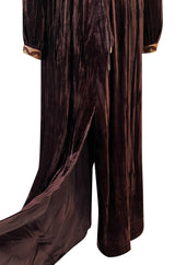Late 1960s Oscar de la Renta Deep Brown Flat Velvet & Brocade Dress w Slit Sleeves & Lace Belt