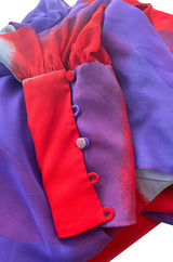 1970s Hanae Mori Full Sleeve Red & Purple Silk Chiffon Maxi Dress