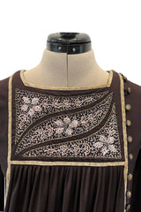 Museum Held 1970s Bill Gibb Deep Brown Liquid Jersey Dress w Metal Buttons & Extensive Beading