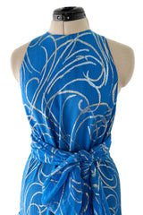 Extraordinary Fall 1979 Christian Dior by Marc Bohan Blue Silk Dress w Metallic Gold & Silver Detail