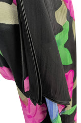 Custom 1970s James Galanos Floral Print Silk Chiffon Dress w Deep Plunging Black Lace Inserts