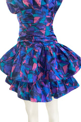1987 Nina Ricci Multi Colour Printed Silk Taffeta Tiered Ruffled Mini Dress