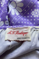 Late 1960s Anne Fogarty Soft Lavender Purple & White Floral Off Shoulder Empire Waist Dress