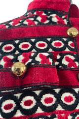 1960s Davidow Red Black & White Fused Cut Velvet Dream Carpet Coat w Matching Belt