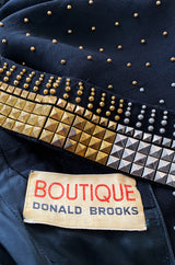 1971-73 Donald Brooks Brass and Silver Stud & Bead Black Crepe Dress