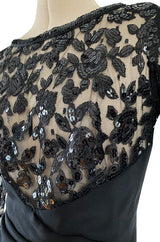 1980s Loris Azzaro Couture Black Silk & Net Sequin Floral Bodice Dress w Swag Hip Detail