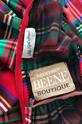 Early 1970s Geoffrey Beene Boutique Red Plaid Holiday Silk Taffeta Dress