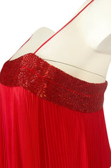1970s Alfred Bosand Red Chiffon Accordion Pleat Dress & Matching Cape
