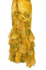 Spring 2004 Oscar de la Renta Runway Yellow Silk Chiffon Ruffled Dress w Fern & Floral Print