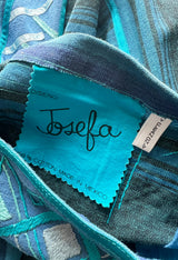 1960s Josefa Hand Made Ocean Blue Caftan Dress w Embroidery & Ribbon Details