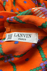 Numbered 1970s Lanvin Couture Fine & Light Silk Crepe Chiffon Printed Orange Sun Dress