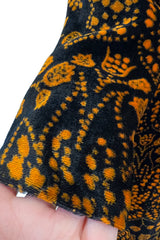 Amazing 1975 Thea Porter Printed Burnt Gold & Black Silk Velvet Caftan Dress