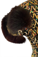 Late 1960s Oscar De La Renta Gold Sequin & Huge Paillettes Detailed Dress w Mink Cuffs