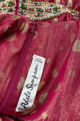 1980s Adele Simpson Pink & Gold Metallic Lame Beaded Dress w Beading