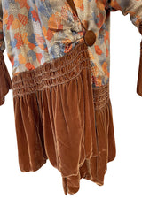 Fabulous 1920s Coral Silk Metallic Gold Lame Flapper Coat w Velvet Detailing