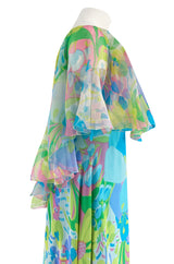 1970s Stavropoulos Couture Bias Cut Pastel Floral Turquoise Silk Chiffon Dress w Caped Detail