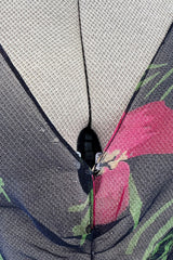 Prettiest 1930s Bias Cut Transparent Floral Print Silk Crepe Chiffon Dress w Capped Sleeves