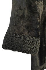 Fabulous 1960s Zip Front Flat Pile Faux Fur Black Coat w Wide Braided Edging Details