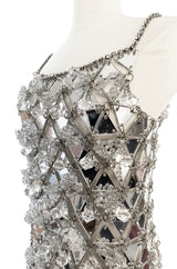 c.1967 Paco Rabanne Couture Mirrored Triangle, Metal, Rhinestone & Beaded Mini Dress w Matching Bag