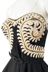 1950s Heavy Cotton / Canvas Strapless Dress w Hand Applied Cord Applique