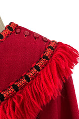 Runway Fall 1977 Yves Saint Laurent Red Wool Smock Dress w Fringe Yarn Detail