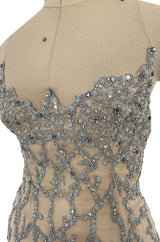 Exquisite 1985 John Anthony Nude Silk Chiffon & Net Dress w Silver Chain Rhinestones and Beads