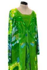 Phenomenal Early 1970s La Mendola Green Silk Jersey Caftan Dress w Silk Chiffon Overlay