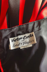 Stunning 1970s Victor Costa Red & Black Striped Satin Finish Strapless Dress