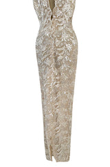Feather Light Spring 1984 John Anthony Couture Plunging Ivory Lace Dress w Sequin Detailing