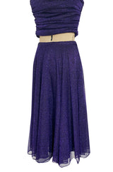 Rare 1978 Halston Couture Metallic Purple Lurex Cropped Bandeau Top & Skirt Set