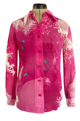 Gorgeous 1970s Hanae Mori Pink Scenic Print Wrap Skirt & Button Down Top Set
