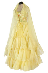 Spring 1977 Jean Louis Scherrer Haute Couture Strapless Floral Sequin Silk Dress w Matching Silk Cape