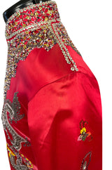 Fabulous 1960s Extensively Beaded & Sequin Front Zip Red Silk Satin Asian Jacket