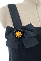 Incredible 1990s Gemma Kahng Black Backless Mini Dress w Bow & Gold Button Detailing
